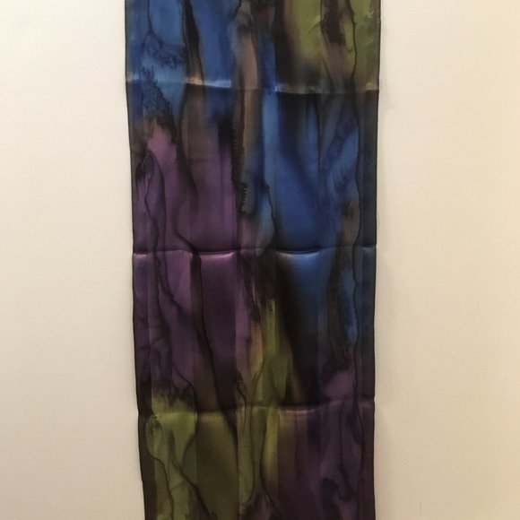 Hand Painted Silk Scarf Eggplant Purple Blue Olive - Picture 4 of 4